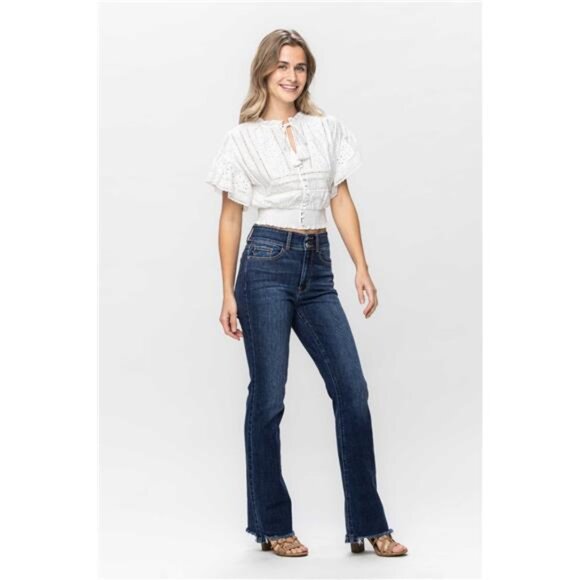 NWT Judy Blue Frayed Hem Bootcut Jeans, Dark Wash, Stretchy, Comfy, Fall Fashion - Picture 6 of 8